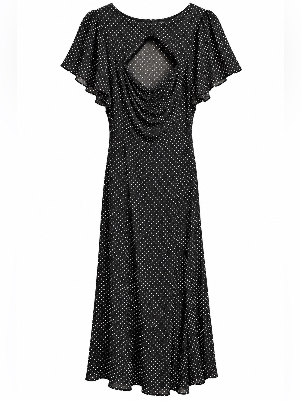 Zara Black & White Polka Dot Midi Dress with Draped Back
